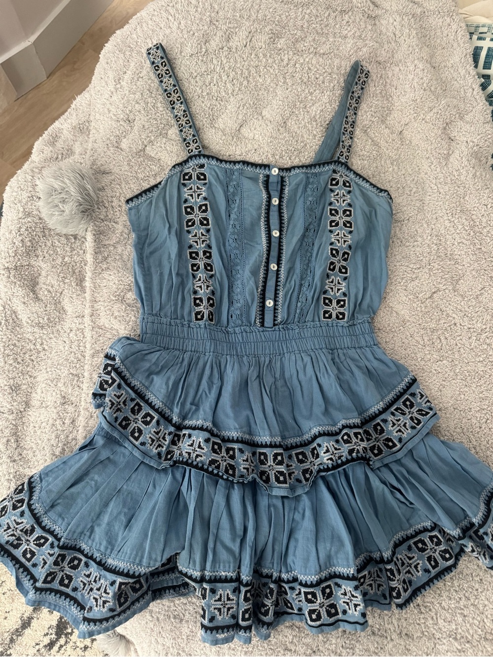 LoveShackFancy Blue Embroidered Mini Dress